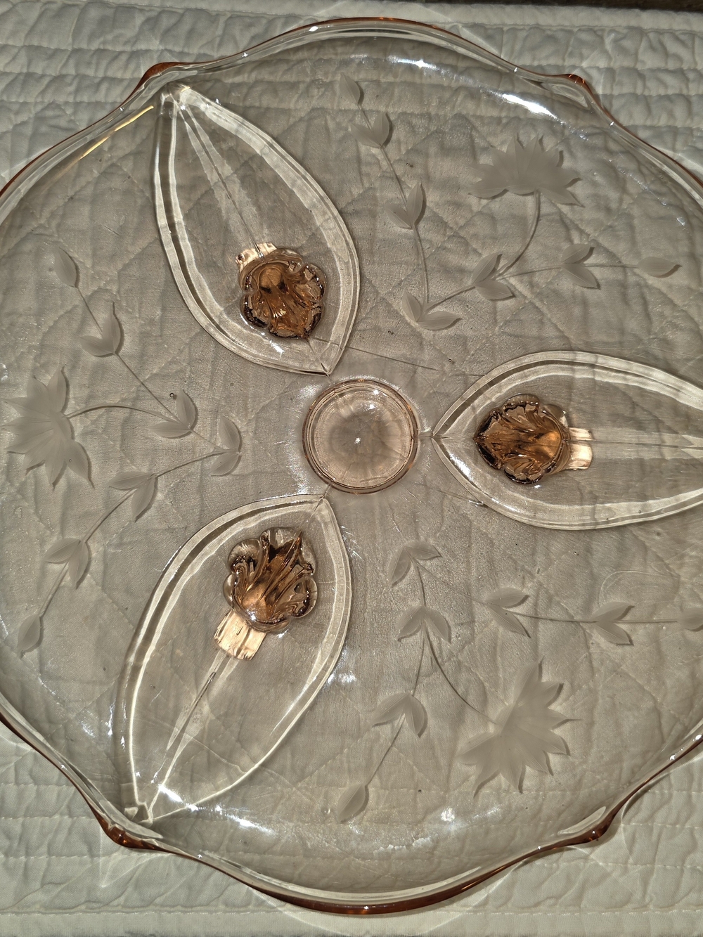 Lancaster Jubilee Pink Depression Glass Relish Tray with Floral Motif